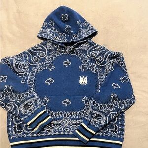 AMIRI Blue and White Textured Knit Hoodie